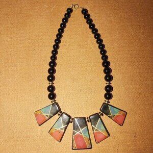Black Beaded Necklace W/Geometric Multicolor Stone Pendants & Gold Accents -VTG